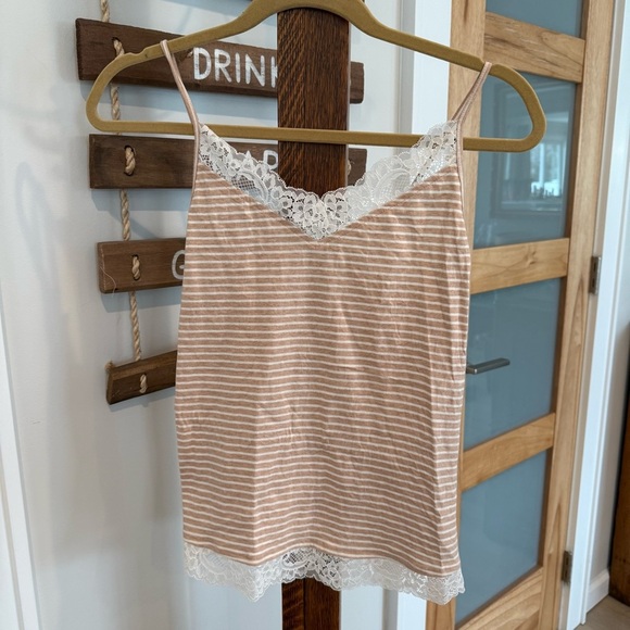 Talbots Organic Cotton Jersey Striped Lace Trim Cami Beige Striped Small NEW - Picture 2 of 10